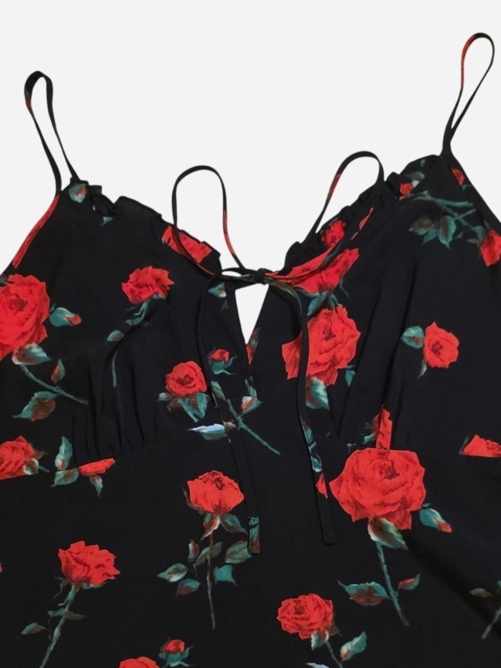 SHEIN Curve Black Midi Slip Dress w/Red Rose Print Ruffule & Tie Detail - Picture 8 of 11
